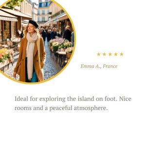 Emma A. de Francia caminando en un mercado al aire libre, dejando una reseña positiva sobre Galapagos Nomad.