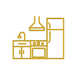 Icon of a fully equipped kitchen featuring appliances and storage spaces available in Galápagos Nomad apartments