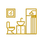 "Icon illustrating the master bathroom with a shower, sink, toilet, and mirror in Galápagos Nomad apartments.