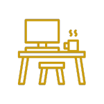 Icon of a workspace with a desk, chair, computer, and a steaming cup, symbolizing a productive area with high-speed internet.