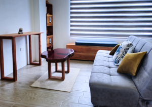 Elegant and cozy living room with a comfortable sofa, stylish decor, and ample natural light.