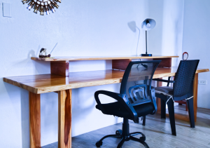 Cozy and functional office space with a desk, chair, and a peaceful ambiance for work or study.